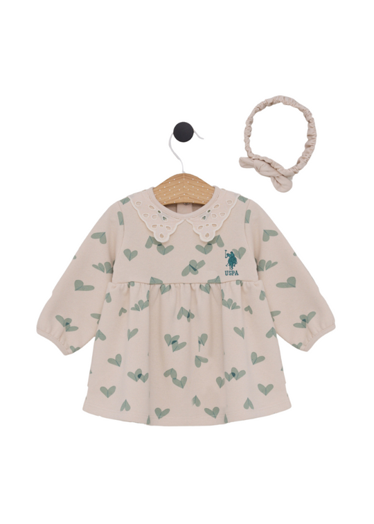Beige Long Sleeve Dress with Embroidered Collar and Green Hearts Print USB2168 V1 Us Polo Assn