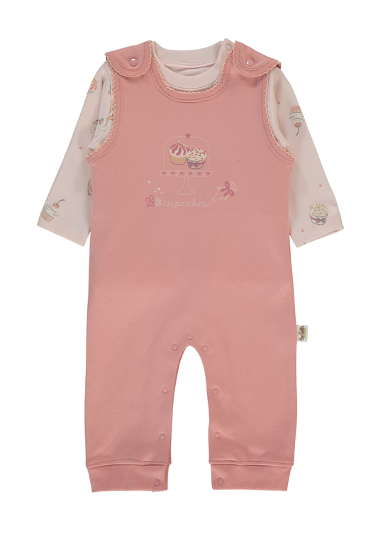 Set 2 Piese Salopeta Lunga Roz Pudra si Bluza Roz cu Maneca Lunga cu Briose K5065 Bebetto