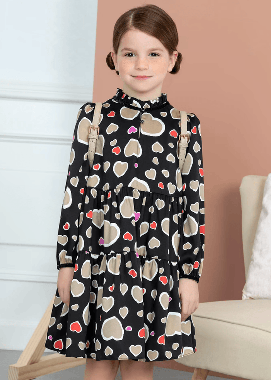 Dress with Long Sleeve Girls Black and Beige Hearts 5539 Abel & Lula