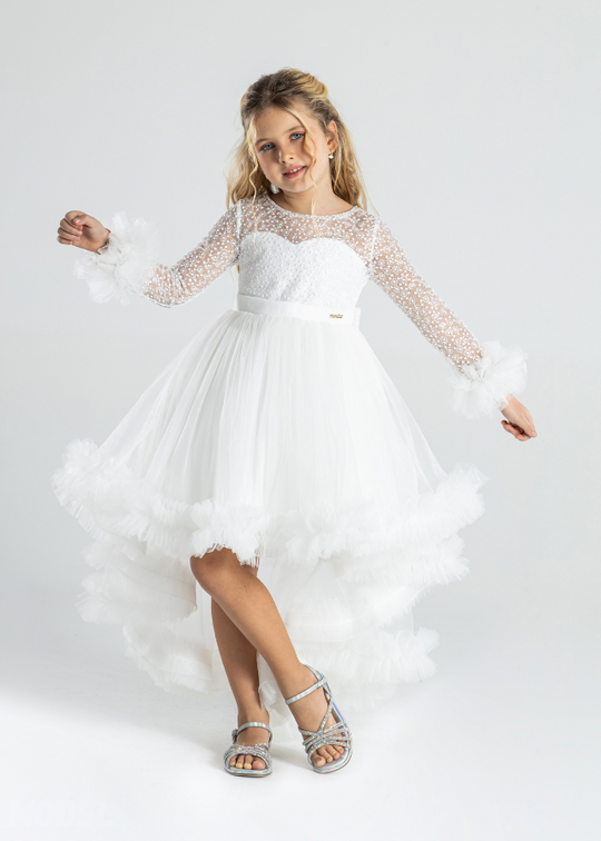 Ivory Ceremony Dress with Long Lace Sleeves and Tulle Skirt 2982 Mon Princess