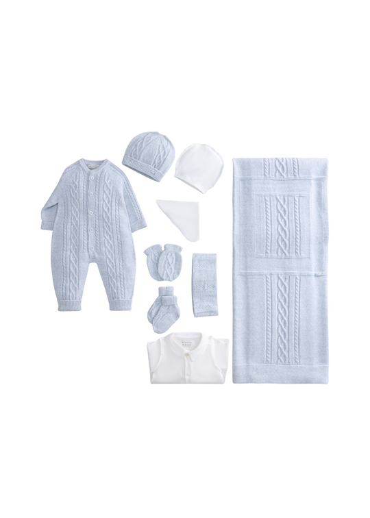 Set Maternitate 9 Piese Tricotat cu Lana Merinos Bleu Salopeta 3430 Leo King