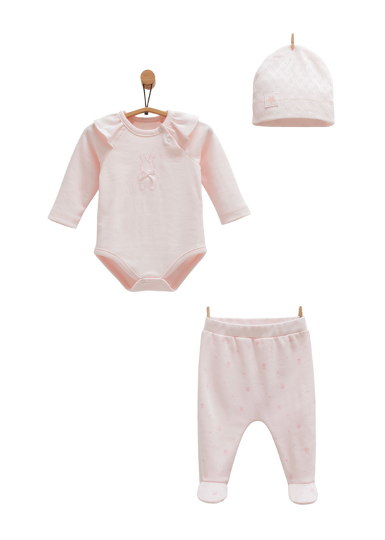 Set 3 Piese Body cu Maneca Lunga, Pantaloni Lungi cu Picior si Fes Roz cu Iepure BPS1488 Mell Sweet Baby
