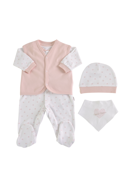 Set 4 Piese Bumbac Organic Alb cu Inimi Roz cu Vesta S13696 KitiKate