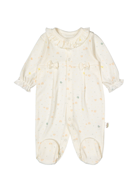 Long Cream Jumpsuit with Rainbow and Chicken Print Colorful Birds T3824 Bebetto