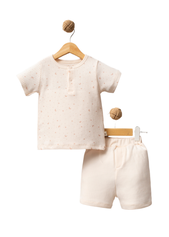 2 Piece Organic Cotton Set Cream Blouse and Pants with Moon and Stars Print Beige 2019 Bubbles
