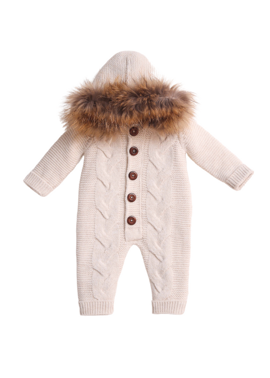 Cream Merino Wool Jumpsuit with Fur Hood and Buttons 9413 Leo King