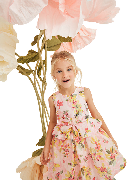 Pink Linen Dress with Fuchsia and Yellow Flower Print 5063 Abel & Lula