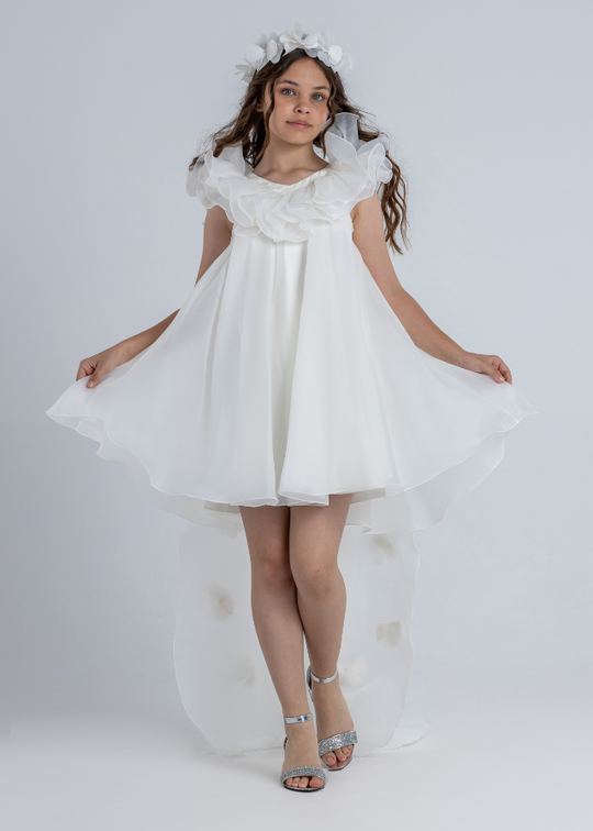 Cream Organza Ceremony Dress with Train and Appliqued Flowers 2962 Mon Princess