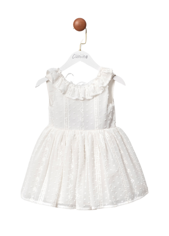 White Voil Dress with Plumeti without Sleeves with Ruffle Collar 3410 Mino Baby