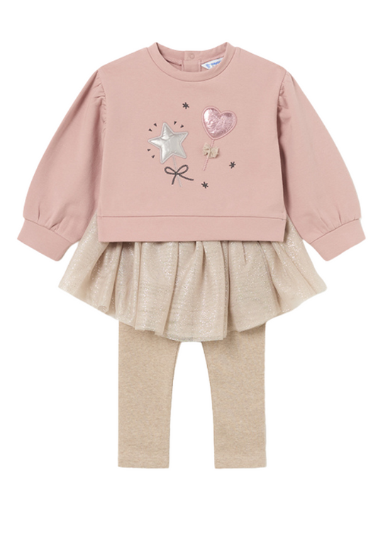 Set Salmon Hoodie and Gold Tights with Tutu 2712 col 83 Mayoral