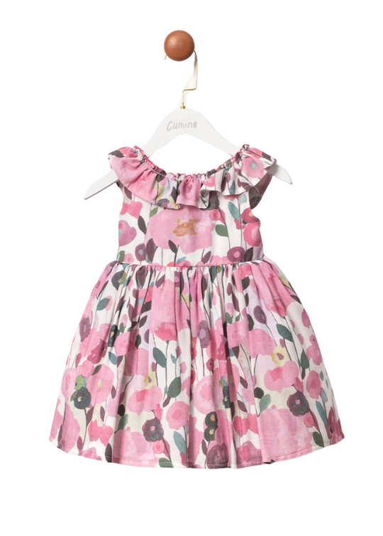 Dress with Fuchsia Flower Print without Sleeves and Ruffle at Collar 3416 Mino Baby