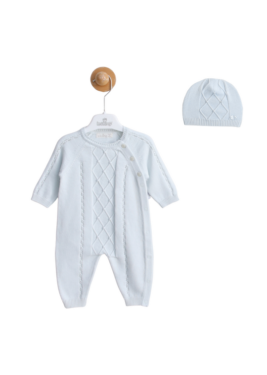 Long Blue Knitted Jumpsuit with Buttons with Diamond Pattern and Fes 7424 Leo King