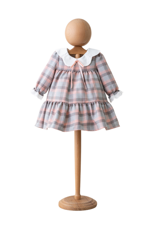 Pink and Gray Plaid Fabric Dress with White Cotton Collar 4130 MyMio