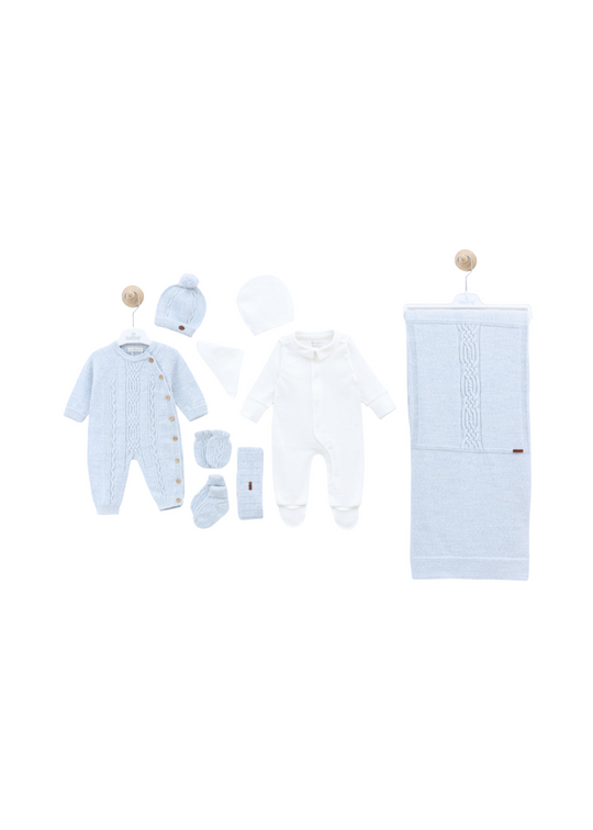 Set Maternitate 7 Piese Tricotat cu Lana Merinos Bleu Salopeta 3441 Leo King