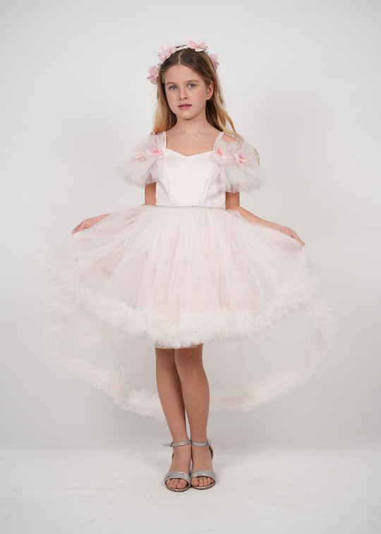 Pink Ceremony Dress with Satin Bust, Tulle Skirt and Sleeves with Train and Appliqued Flowers 3192 Mon Princess