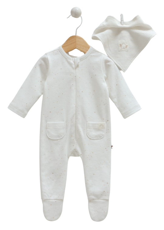 Cream Long Jumpsuit with Beige Stars and Bib 9674 Mell Sweet Baby
