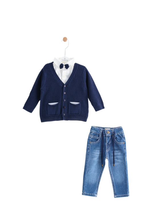 3 Piece Set Navy Blue Knitted Cardigan White Shirt with Bow Tie and Jeans 11819 Leo King