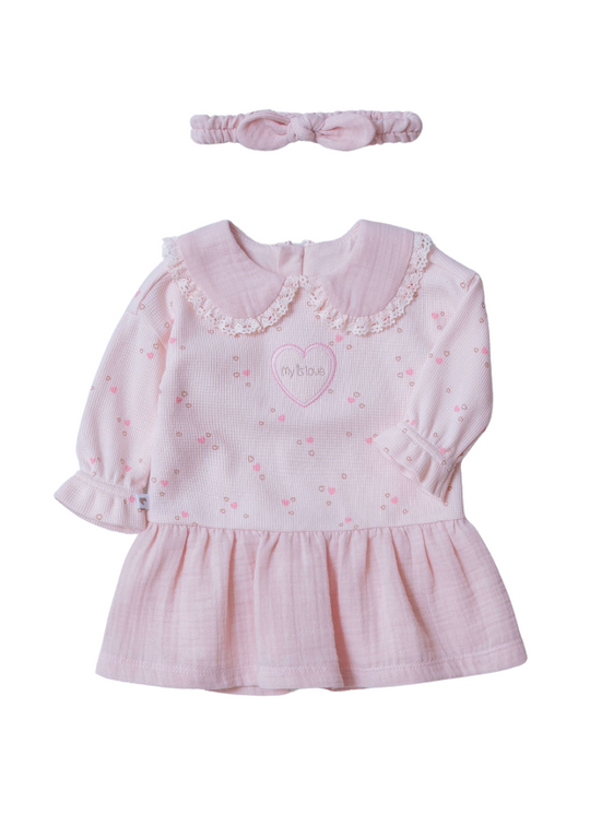 Rochie Roz cu Maneca Lunga cu Guler si Volan din Muselina 9542 Mell Sweet Baby