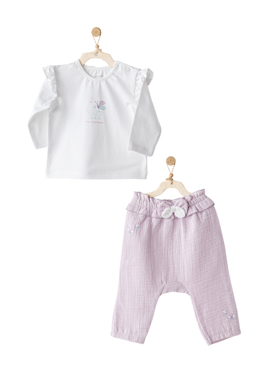 2 Piece Set White Long Sleeve Blouse with Butterfly and Purple Muslin Long Pants AC25578 Andywawa