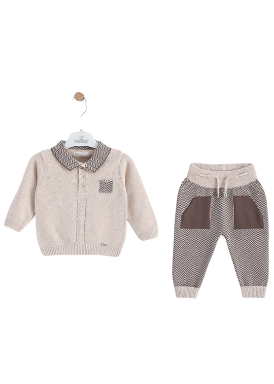 Set of 2 Pieces of Knitted Cotton Beige Blouse with Brown Collar and Beige Pants with Brown 8512 Leo King