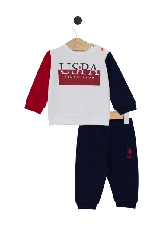 2 Piece Tracksuit Cream Sports Top with Navy and Red Sleeves and Navy Pants USB2084 V1 Us Polo Assn