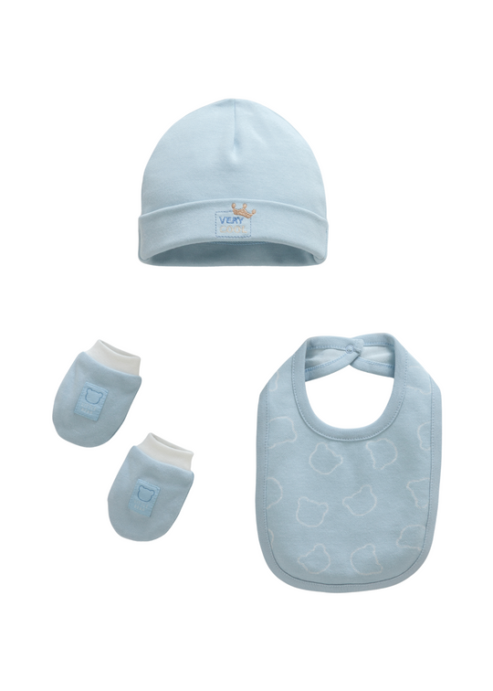 Set 3 Piese Fes Baveta si Manusi Bleu cu Ursi TAE2078 Mell Sweet Baby