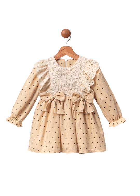 Beige Long Sleeve Dress with Polka Dots and Lace on Bust 053 MJ Baby