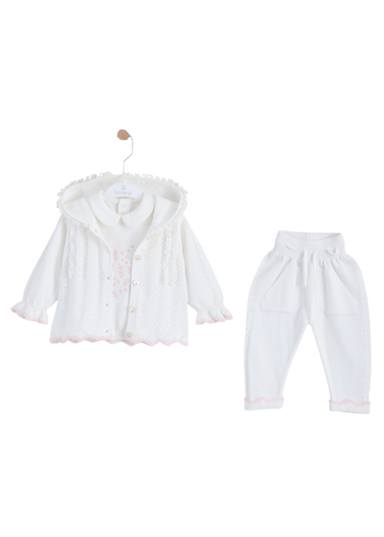 Set of 3 Cream Knitted Hoodie with Lace Pants and Blouse 8525 Leo King
