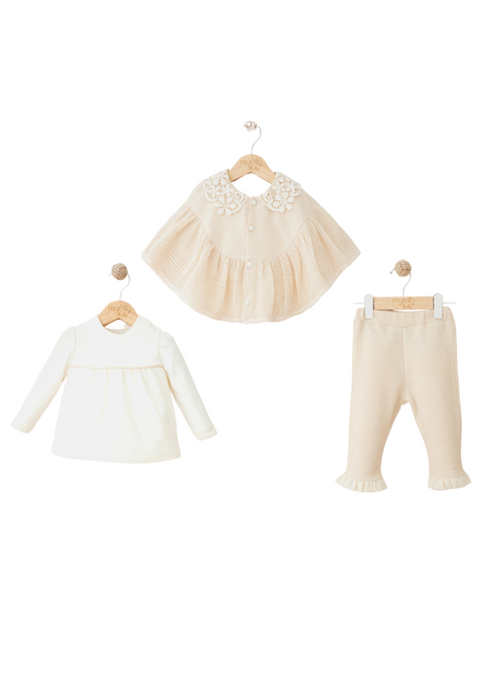 3 Piece Set Beige Top and Pants and Cream Blouse 4108 MyMio