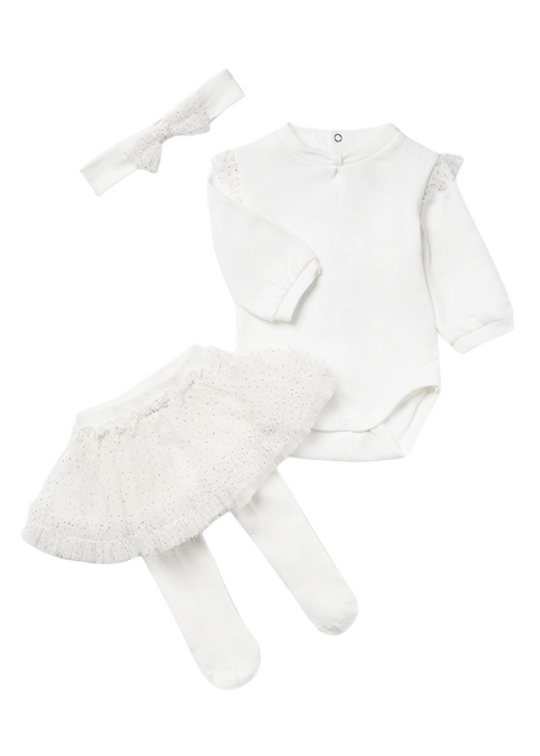Set of 3 cream bodysuits with long sleeves, dress with tutu and headband 2814 Mayoral