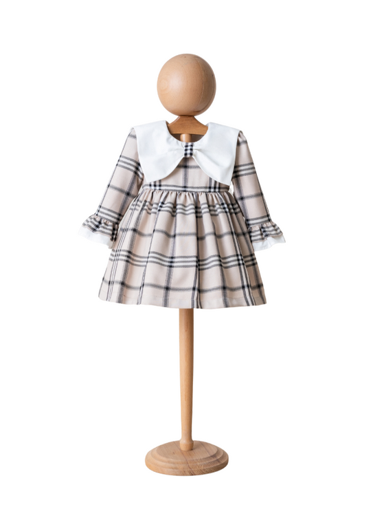 Black Plaid Beige Dress with Long Sleeves and High Collar White 4116 MyMio