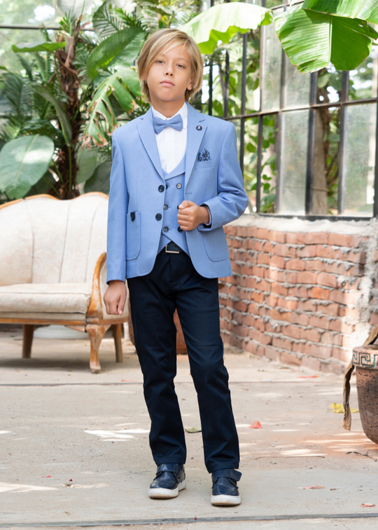 Церемонічний костюм із 5 предметів, краватка-метелик, синій піджак і жилет, темно-сині штани та біла сорочка арт. 20297 Маленький джентльмен