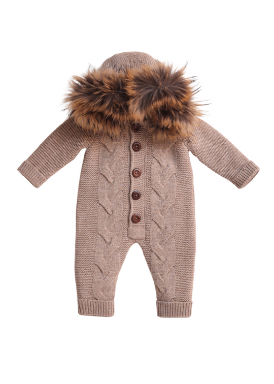 Beige Merino Wool Jumpsuit with Fur Hood and Buttons 9413 Leo King