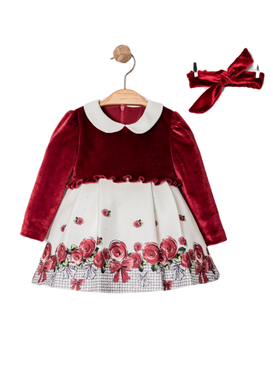 Red Velvet Bust Dress with Long Sleeve Ivory Skirt with Flowers 15326 Bebus