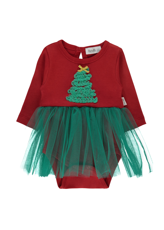 Body Rosu cu Maneca Lunga cu Volan Tulle Verde si Aplicatie Brad Craciun K4624 Bebetto