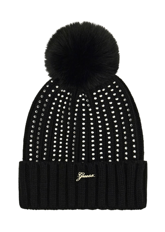 Caciula Tricotata Neagra cu Strasuri si Ciucure din Blana Eco J5BZ04 K1370 JBLK Guess