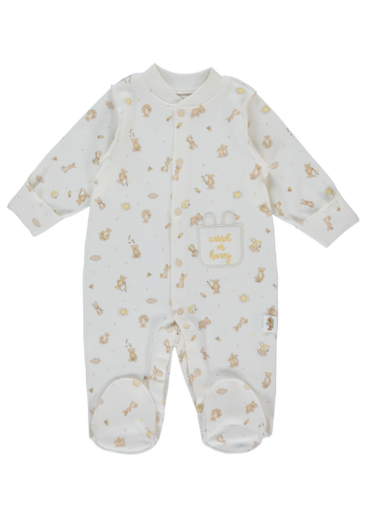 Salopeta Lunga Crem cu Ursuleti si Iepuri Organic Bee Hunters T3614 Bebetto