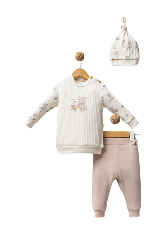 2 Piece Set Organic Cotton Blouse and Pants Cream with Beige Bear 2802 Bubbles