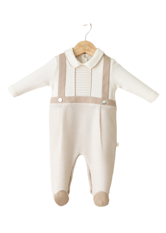 Cream Beige Long Jumpsuit with Collar and False Straps 4085 MyMio
