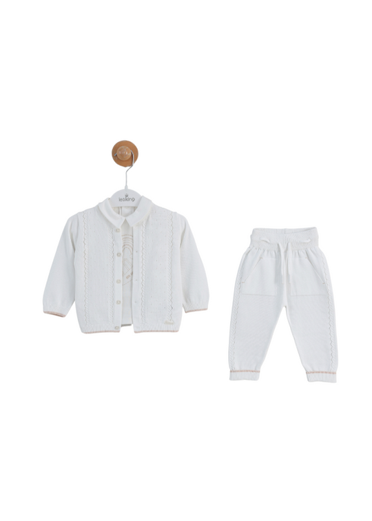 3 Piece Set White Knitted Cardigan and Pants and Cream Blouse with Collar 8529 Leo King