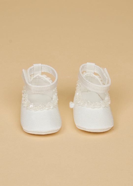 Кремові атласні балетки з бісерними аплікаціями та пряжкою 231225 Попелюшка