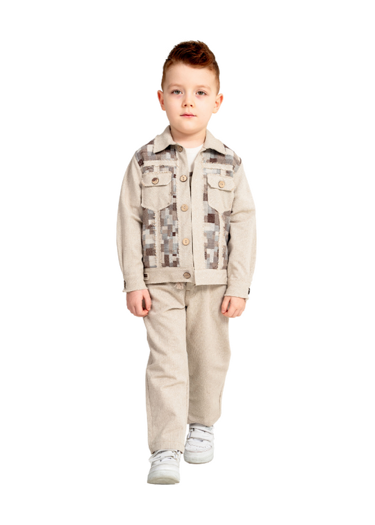 3 Piece Set Beige Jacket with Brown Buttons Beige Long Pants and T-Shirt 6580 Hype&Grata