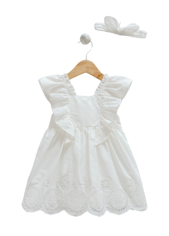 Cream Cotton Dress with Sparta Embroidery and Ruffles at Sleeves with Headband 9776 Mell Sweet Baby