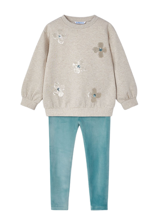 Set of 2 beige sweatshirt with sequin flowers and turquoise velor tights 4706 Mayoral