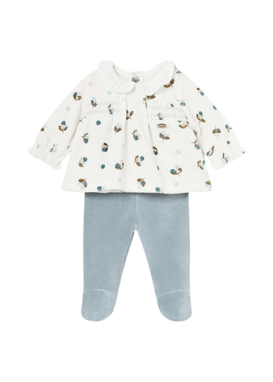 2-piece velor set, cream blouse with print and blue trousers 2503 Mayoral