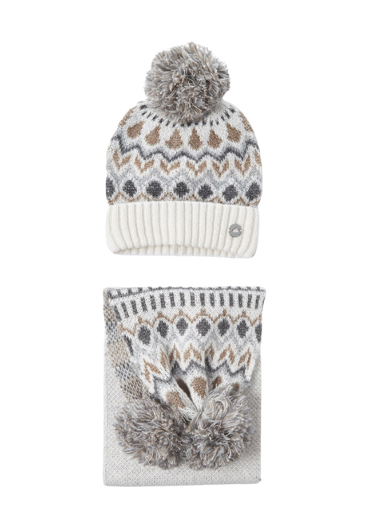 2-Piece Knitted Set Beige Hat and Scarf with Brown Flowers 10859 Mayoral