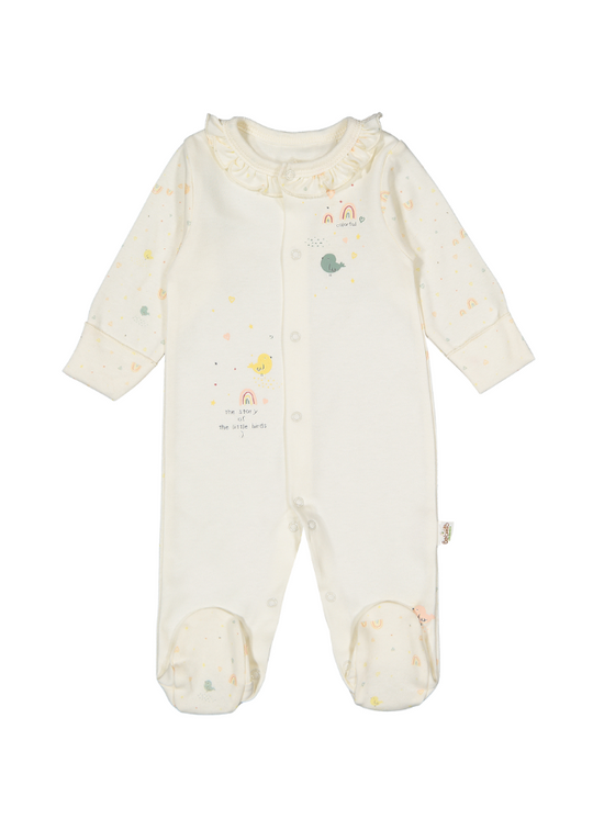 Long Cream Jumpsuit with Organic Bird Print Colorful Birds T3825 Bebetto