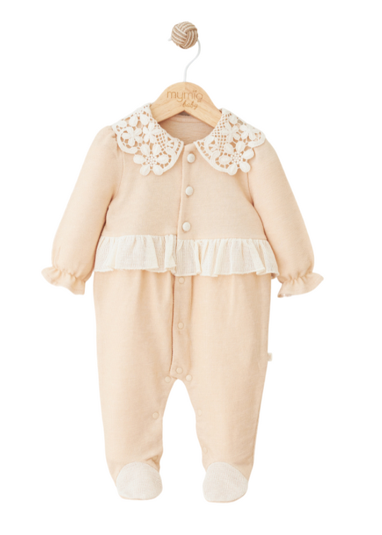 Beige Long Jumpsuit with Crochet Lace Collar 4104 MyMio