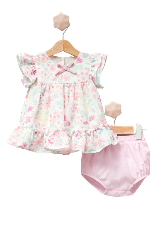 2 Piece Set, White Top with Pink Flower Print and Pink Panties 3289 Mino Baby