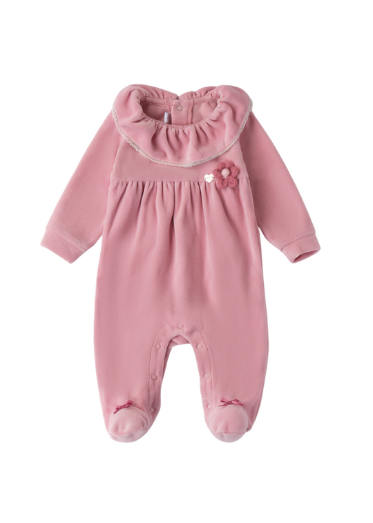 Long Powder Pink Velvet Jumpsuit with Crocheted Flower 0A3715.00 col 3031 Miniband